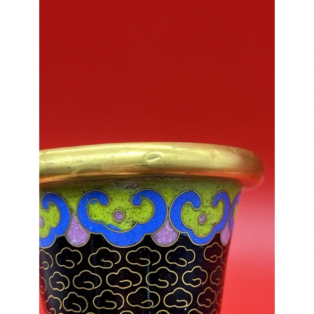 Vintage Chinese Cloisonne Enamel Vase Black Multicolor Flowers Butterfly 8.25